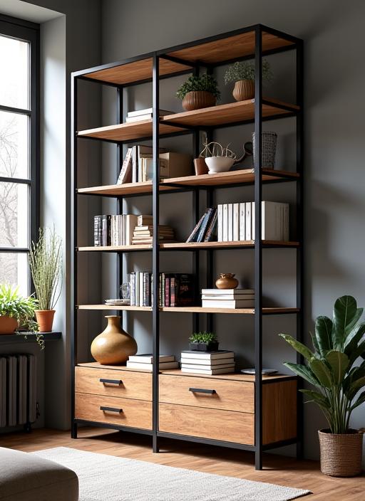 Librería modular de madera de pino y estructura de hierro.