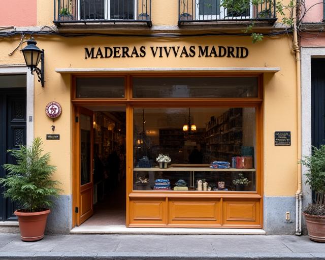 Fachada del taller Maderas Vivas Madrid en una calle de Madrid.